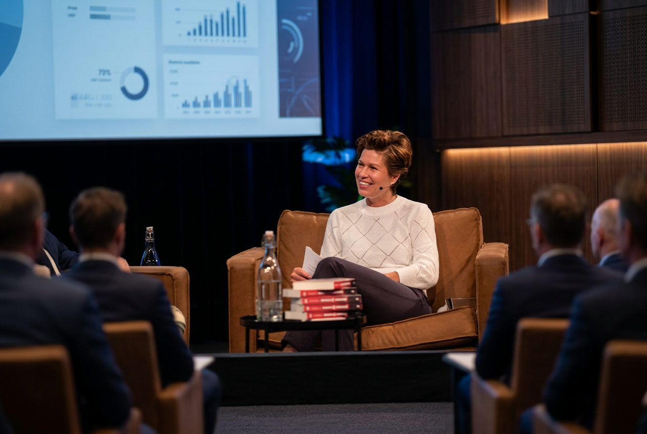 Dagvoorzitter in gesprek met een zakelijke zaal tijdens een consultancy bijeenkomst