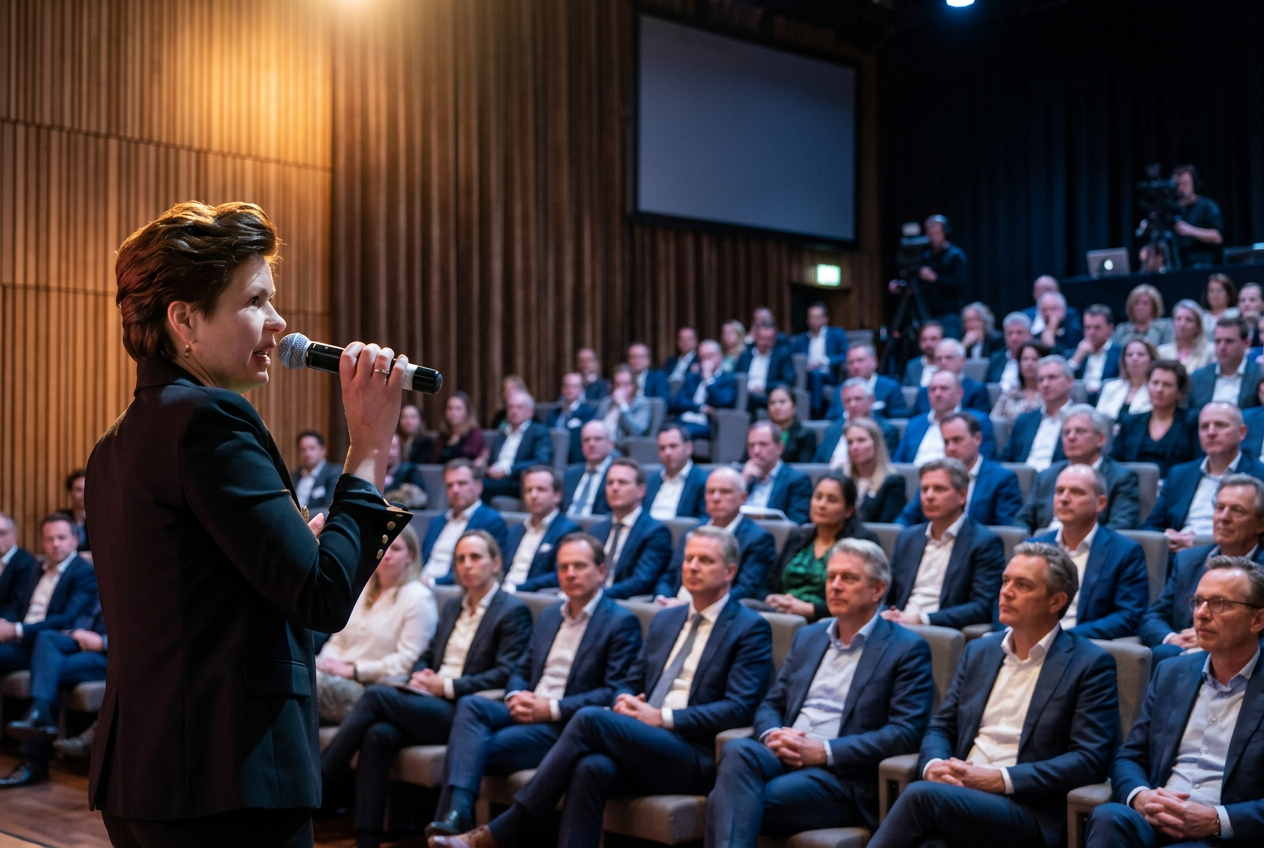 Dagvoorzitter spreekt een volle zaal met senior managers toe