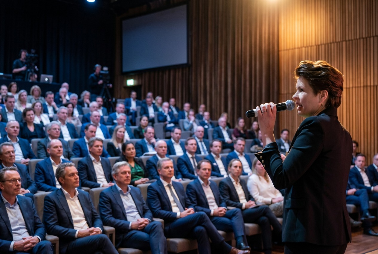Dagvoorzitter spreekt een volle zaal met senior managers toe